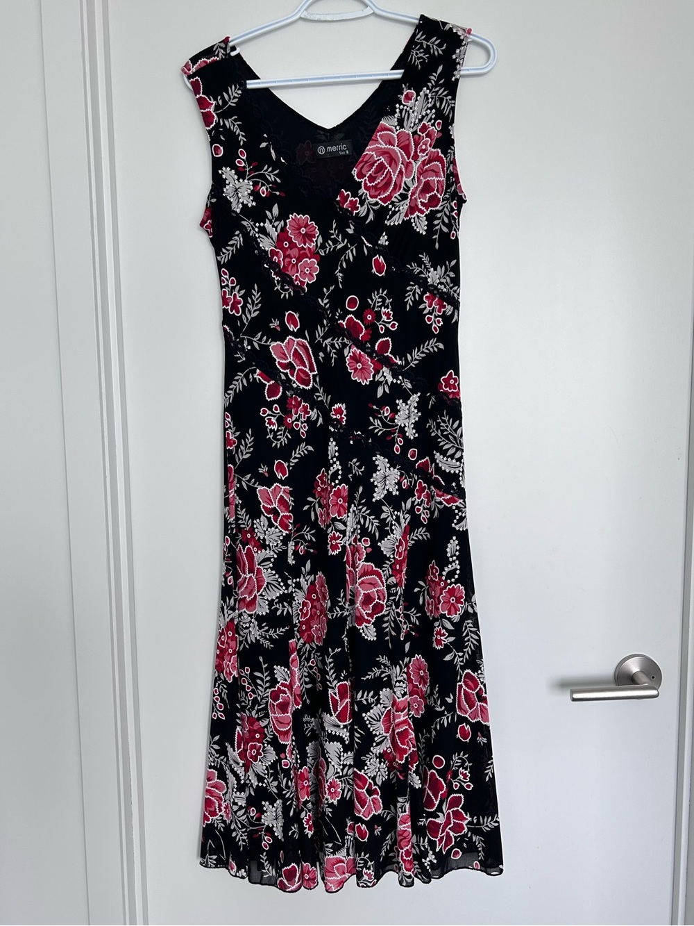 Vintage Black Midi Dress with Pink and White Floral Print